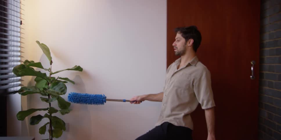 A man dances while dusting a plant
