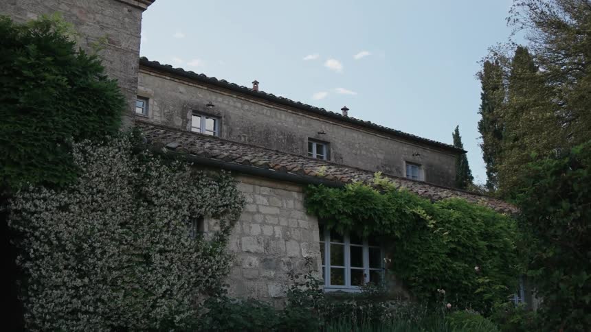Birds fly around a stone building on a sunny day