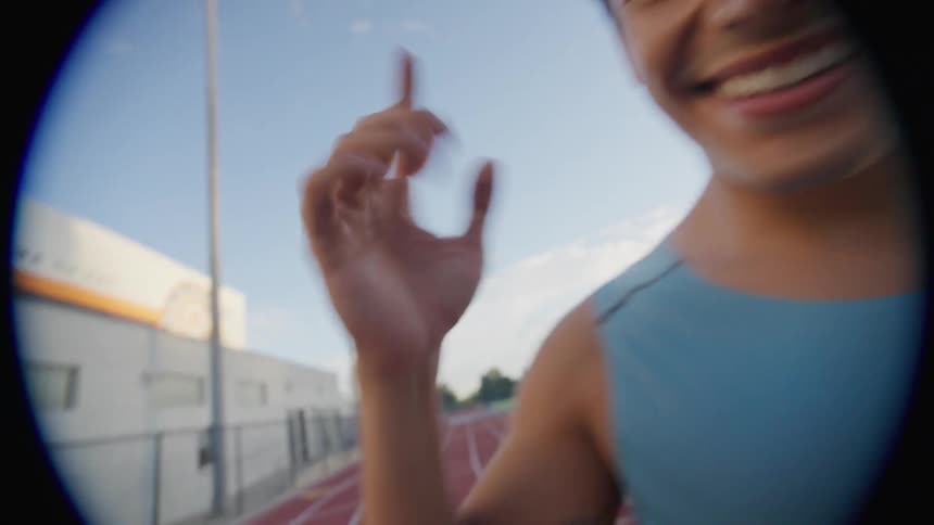 Closeup of a happy mans face on an athletics track