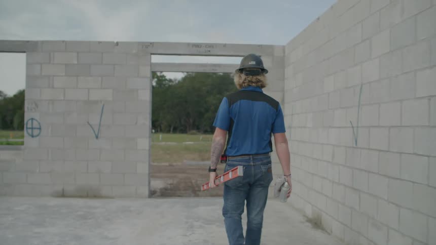A builder is walking with a tool in his hand next to a brick wall