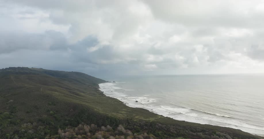 A wide shot of the sea
