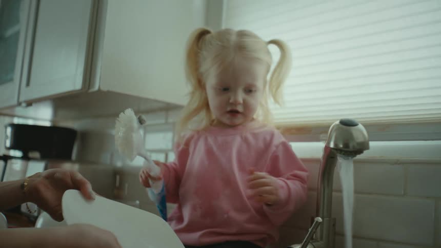 Young little girl sitting next to the tap helping her mother wash dishes