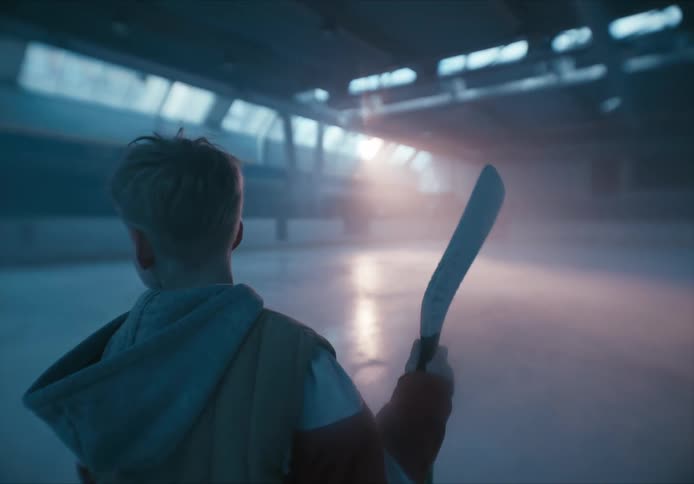 Boy walking around the hockey court with the sun reflecting through the windows