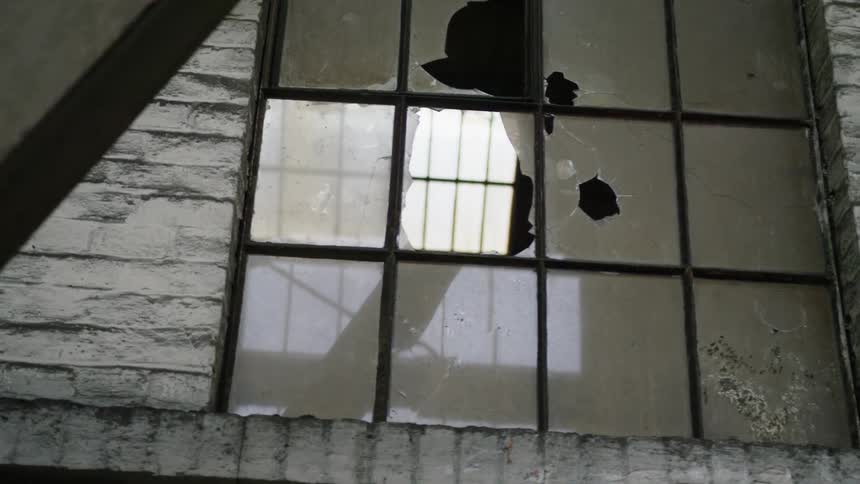 A broken window in a building