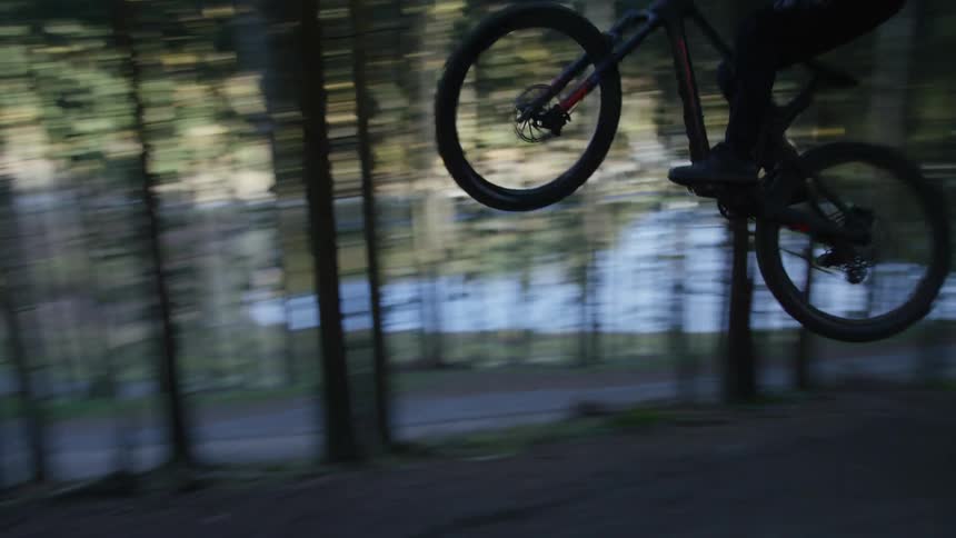 Man going down a slope with mountain bike and half forest