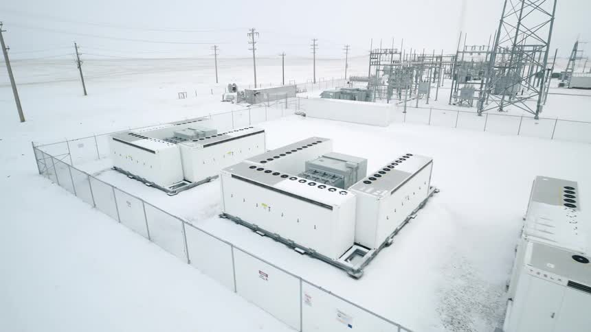 A battery storage utility station in the winter