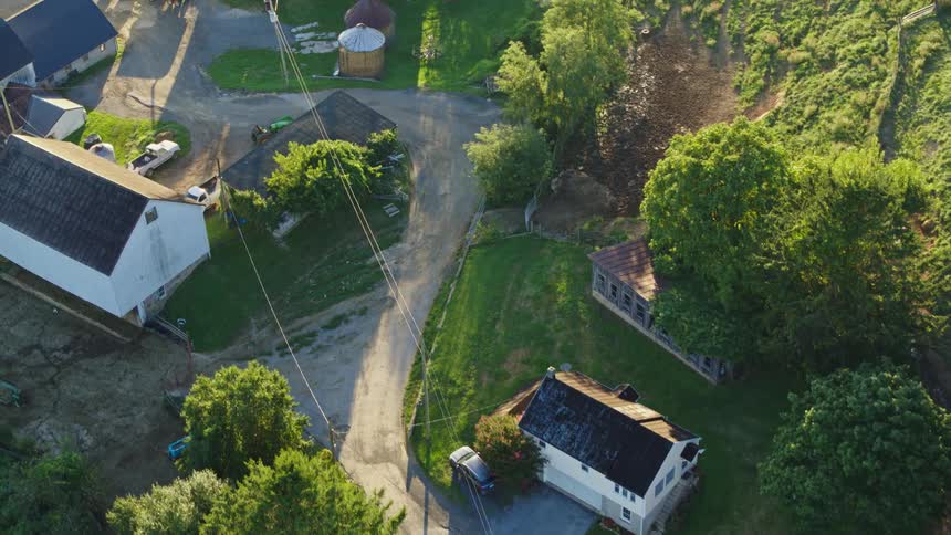 Aerial panorama of houses in a rural area on a morning