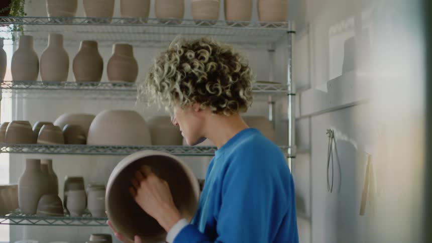 Sculpture holding a porcelain vase and stamping it