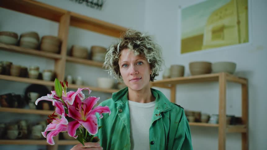 A woman is standing holding some red flowers in her hand and behind her is a shelf full of mugs