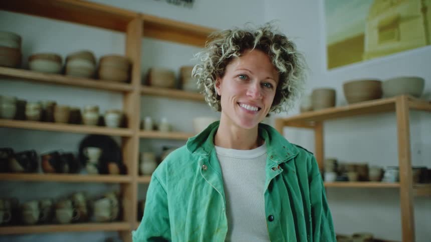 A white woman standing and smiling in a room full of pottery