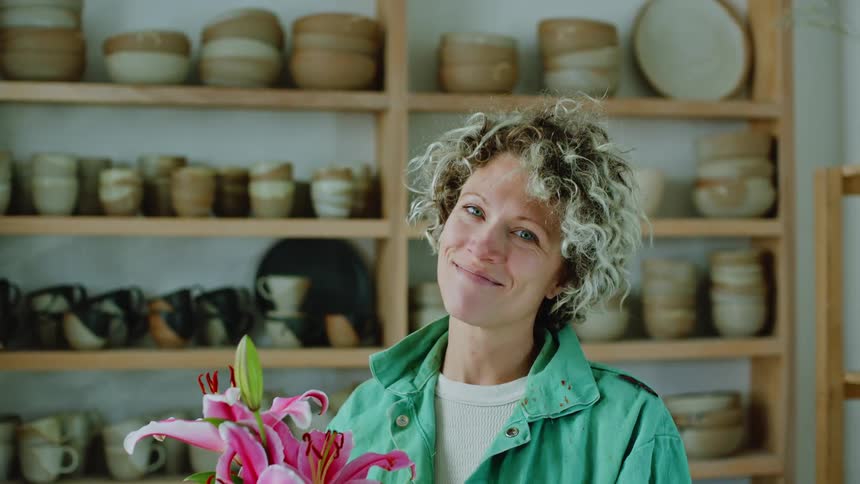 A female smiling while holding a flower indoor