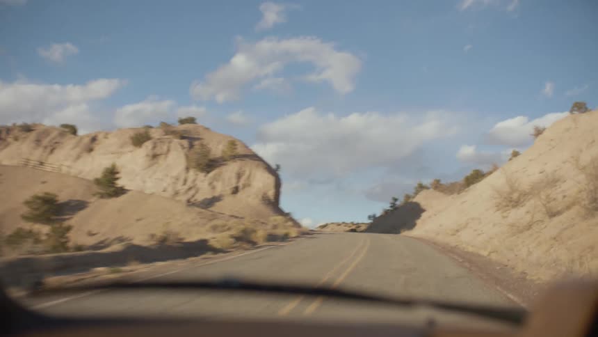 The interior of a car where it is driving along a rural asphalt street in the middle of a desert with vegetation