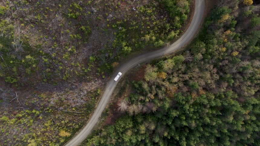 Top down view of a white truck driving on a winding road through a forested area