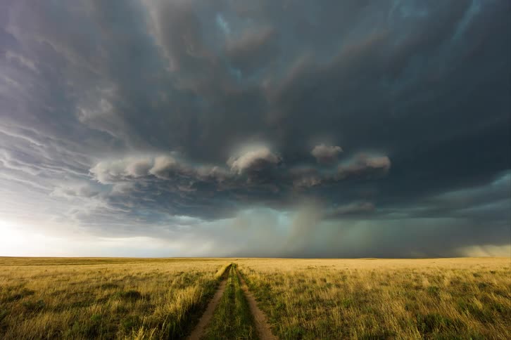 Storm clouds move over farmland as rain pours down