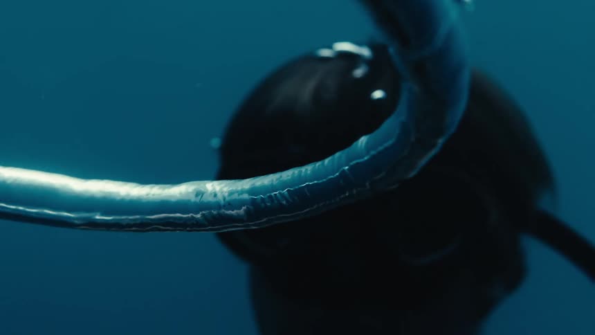 A diver rises to the surface following a ringed air bubble