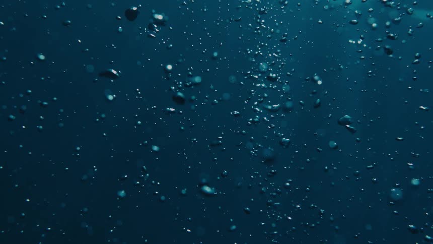 Blue droplets dividing and moving around surrounded in a blue liquid