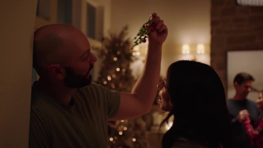 A smiling couple kisses underneath a mistletoe at Christmas