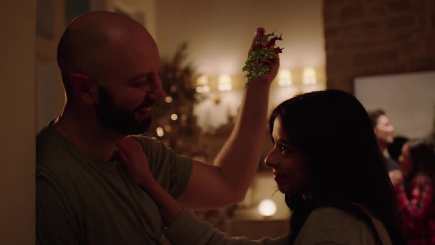 A man and woman kiss each other as the man playfully holds mistletoe above their heads
