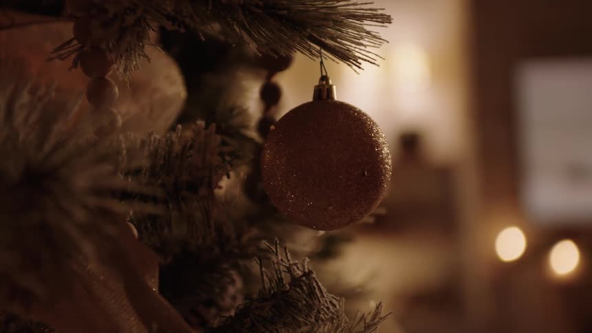 A persons hand puts a christmas ball and hangs it on a tree