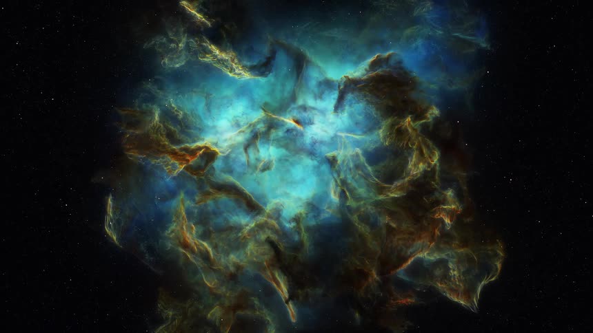 Blue and brown nebula cloud expanding and spinning around a light source