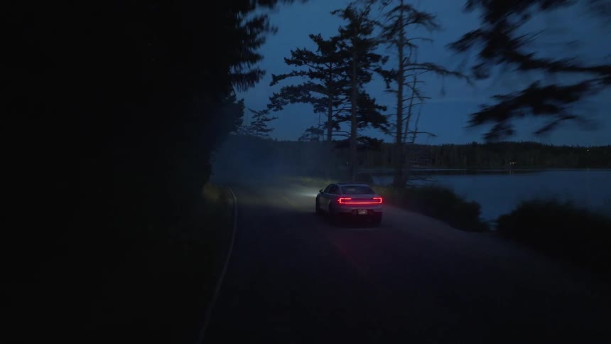 A car passing on a road by a forest lake at night