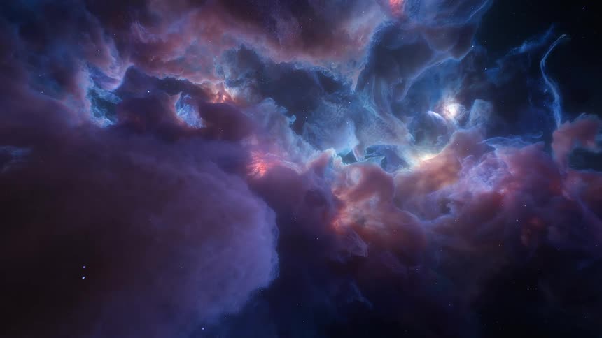 A pink and blue nebula illuminating the starry galaxy