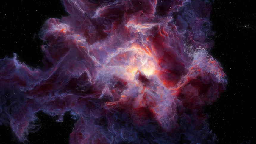 Red and purple nebula cloud spinning around surrounded by stars