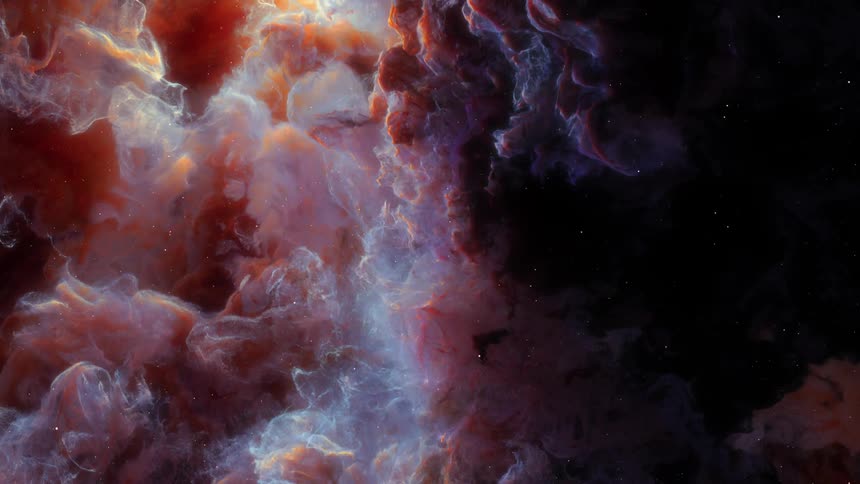 The clouds of a nebula move with the stars as light shines from a distant sun