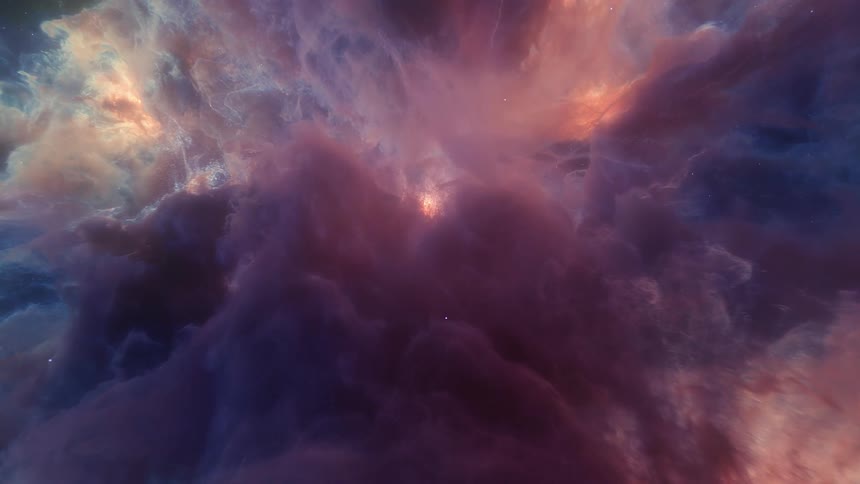 Purple pink and blue nebula cloud expanding out from a light source