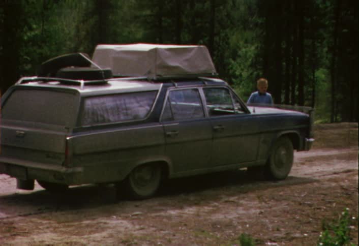 A station wagon is parked with people in front of it