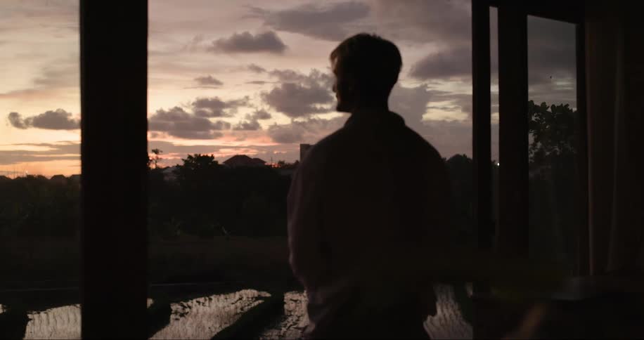 A man is looking out of his home