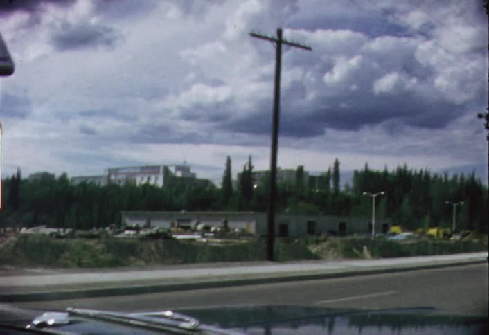 Scenery passes by on the road as a car is moving on a cloudy day
