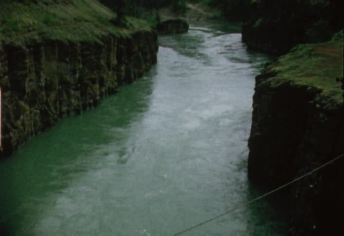 Water flows down a deep river between trees