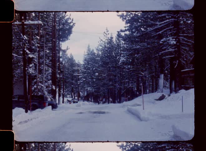 Road surrounded by conifers in a forest on a cloudy day with snow