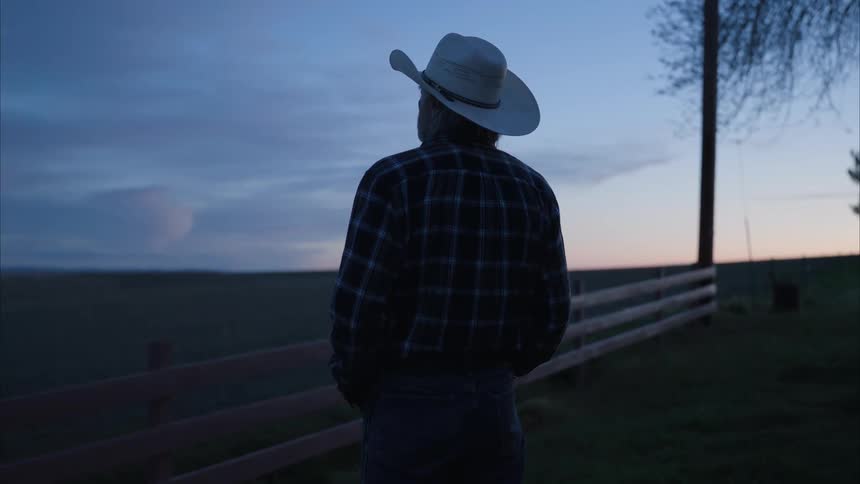 A standing cowboy stares at the horizon