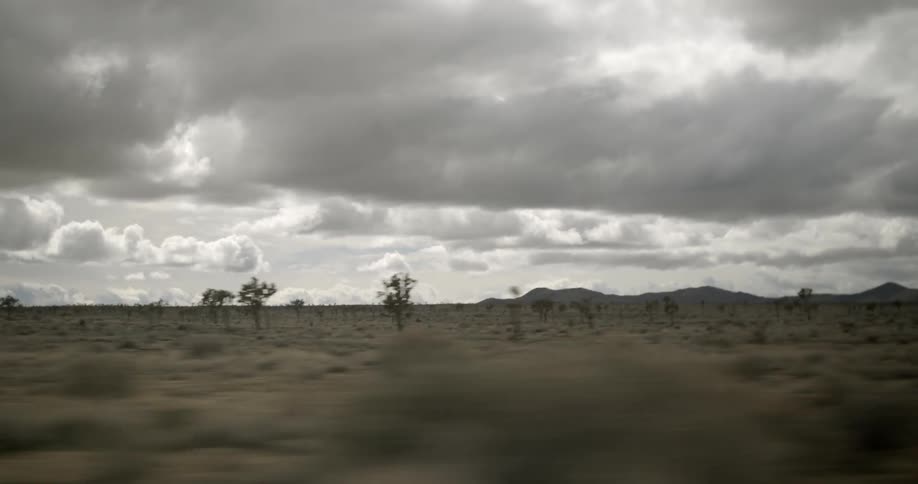 A vehicle drives through a desert on an overcast day