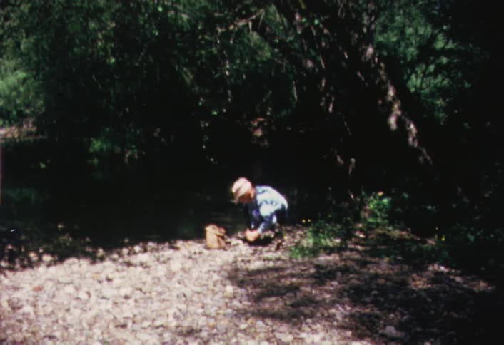 A boy is playing in the leaves
