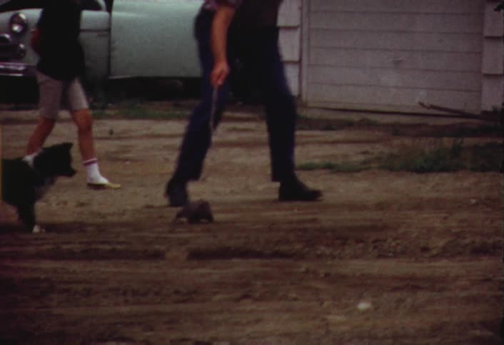 A man, a child, and a dog torment a small rodent
