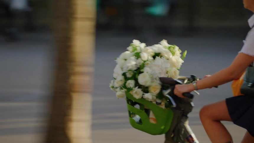 A young girl riding a bicycle with flowers in a basket