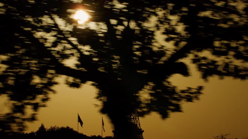 The sun shines on trees and the eiffel tower