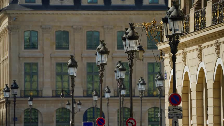 Lamp posts line the city road