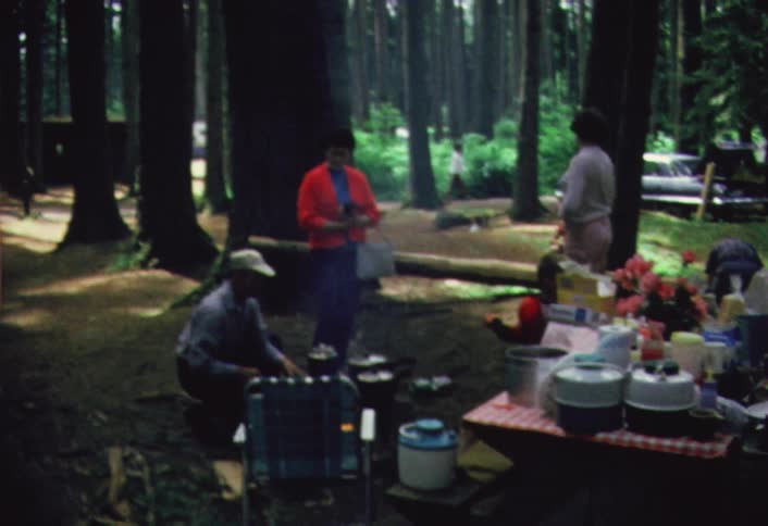 A family at a bbq picnic in the woods
