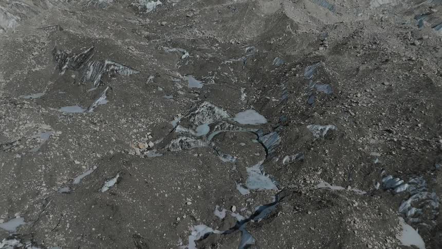 Aerial panorama of a grayish ground with rocks