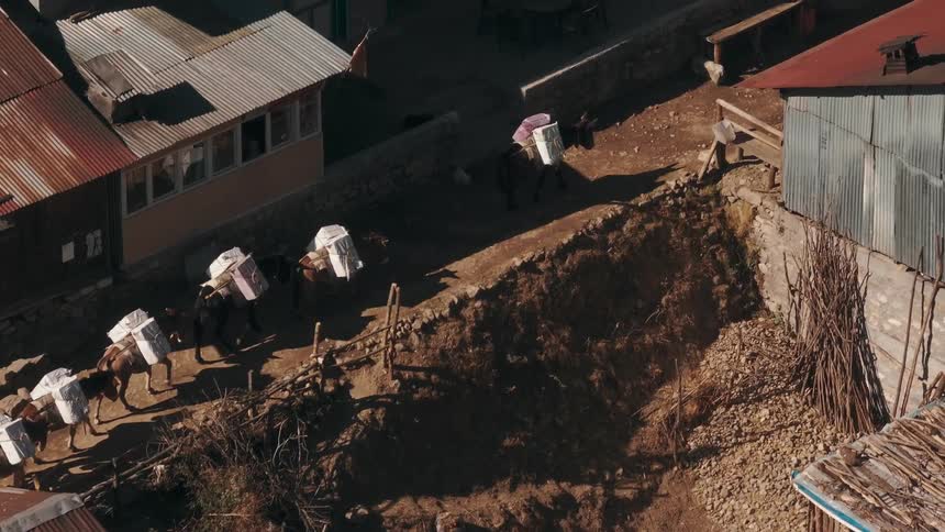 A string of horses carrying packs on a dirt road in a village