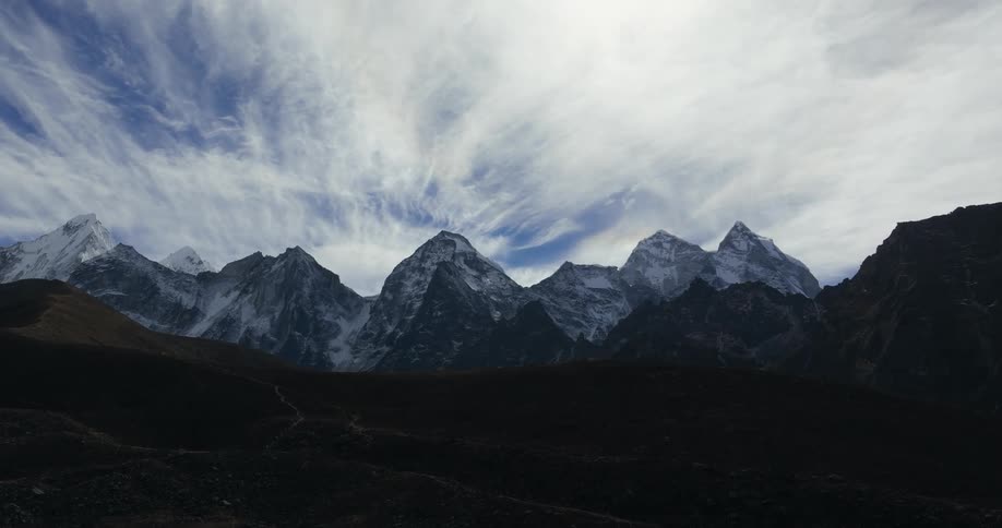 Landscape of mountain ranges covered by snow on a blue sky day with clouds