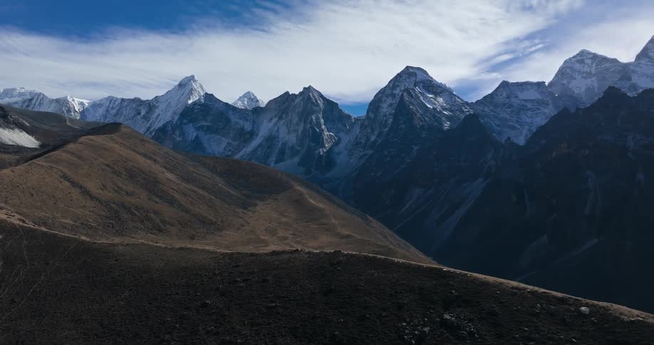 Panorama of mountains and peaks with snow during the day