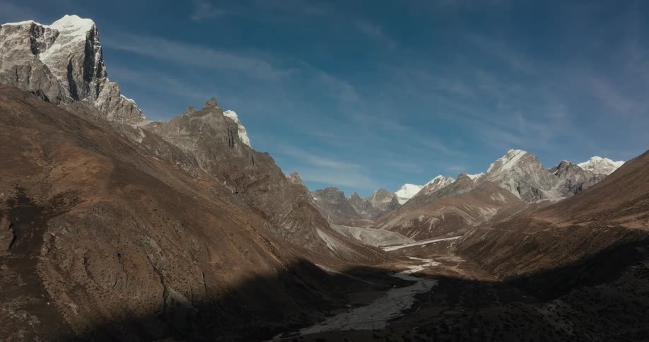 A valley runs between high mountain ranges