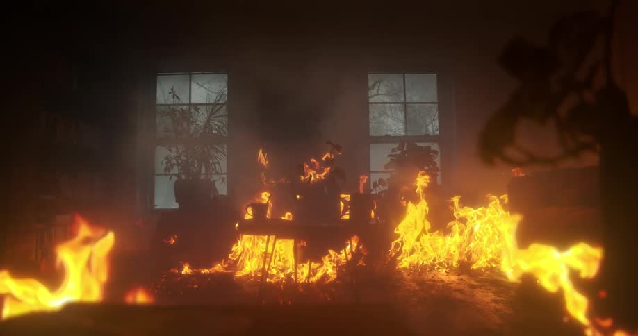 The inside of a burning building