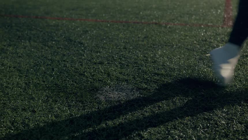 A person runs up and kicks the soccer ball