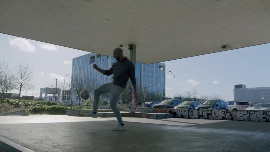 Man doing acrobotic moves with a soccer ball